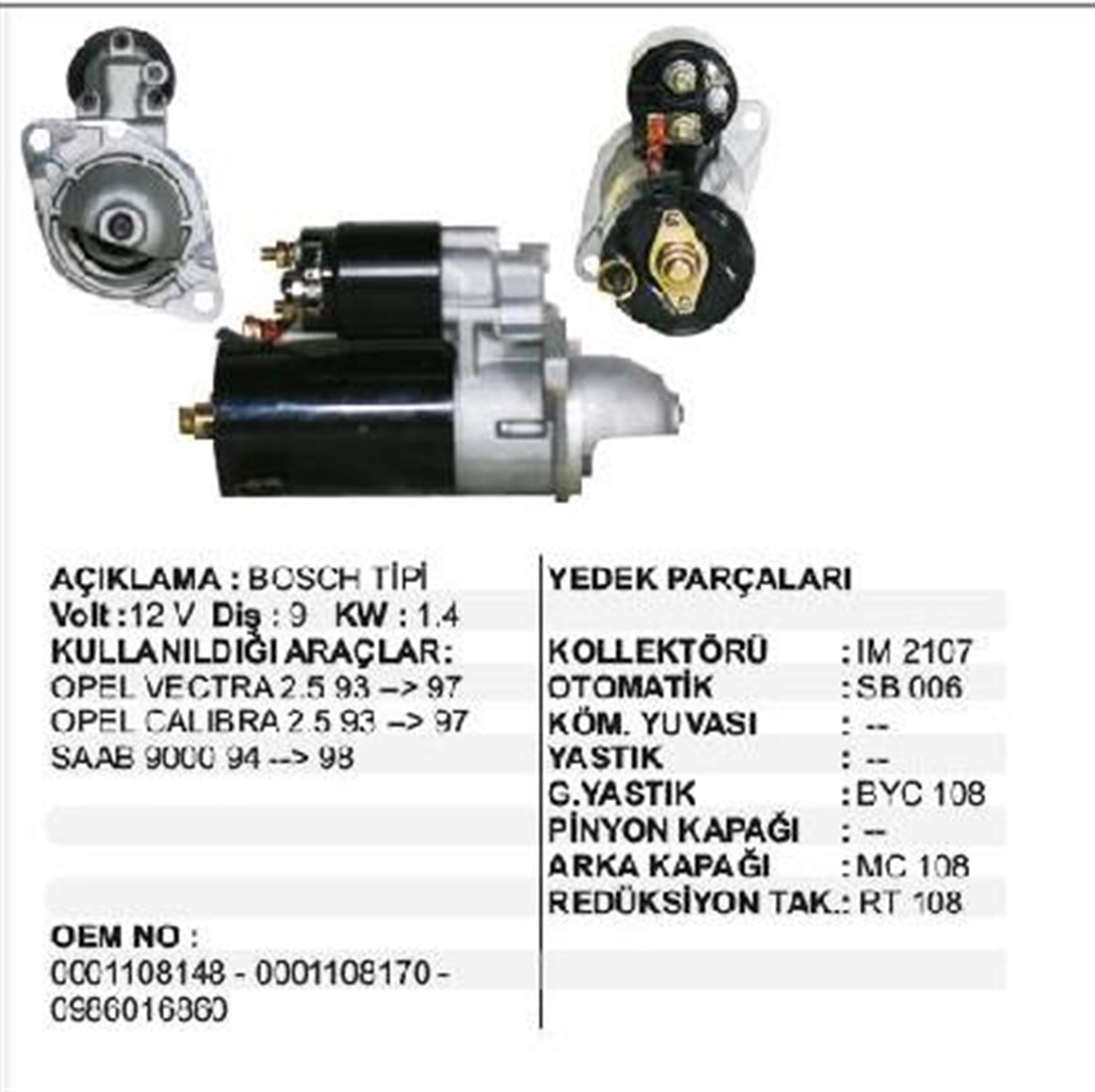 Marş Motoru 12v 9diş Opel Vectra A Kasa Omega A Kasa Calıbra 2.5 9397 000108 | Remark Str5115