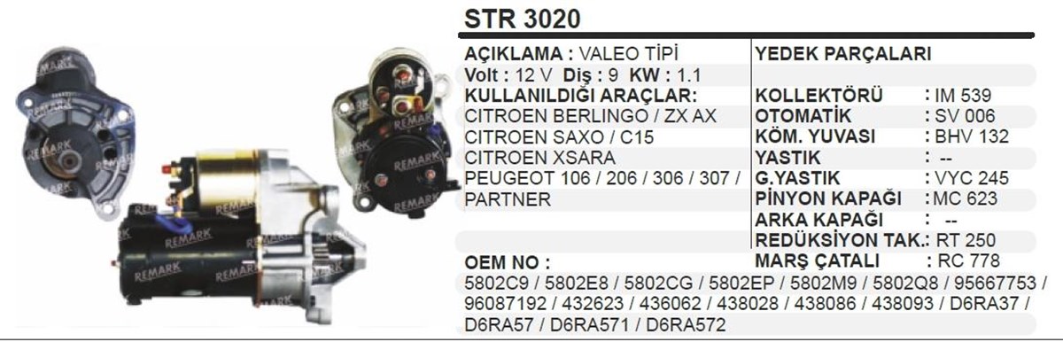 Marş Motoru 12v 9diş Pejo 106 206 306 Cıtroen Dfm Valeo 432591 Valeo 442623 5802m9 | Martek Str3020