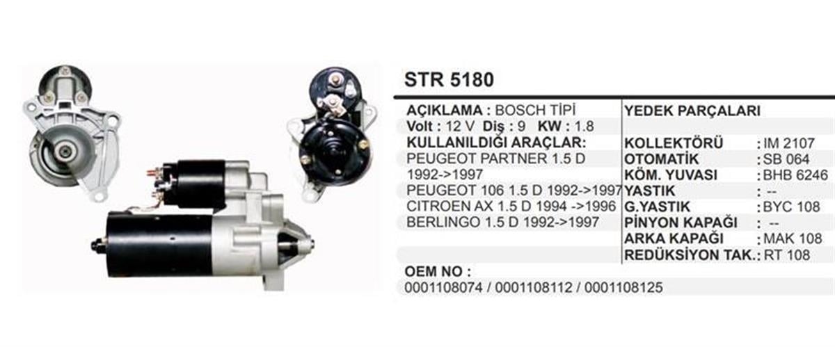 Marş Motoru 12v 9diş Peugeot Pejo Partner 106 Citroen Berlingo 1.5 D | Martek Str5180