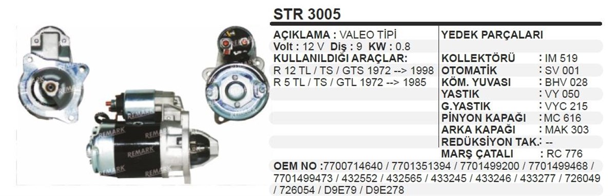 Marş Motoru 12v 9diş R12 Toros Trafık Str3005 Valeo432565 Remark-str3314-güçlendirilmiş | Dodo Str3005