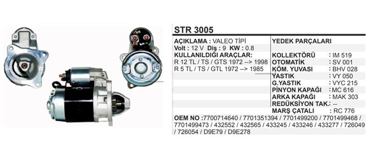 Marş Motoru 12v 9diş R12 Toros Trafık Str3005 Valeo432565 63208002 | Wınwın Str3005
