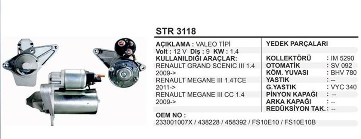 Marş Motoru 12v 9diş Renault Megane Iıı 1.4 Tce 11> | Remark Str3118