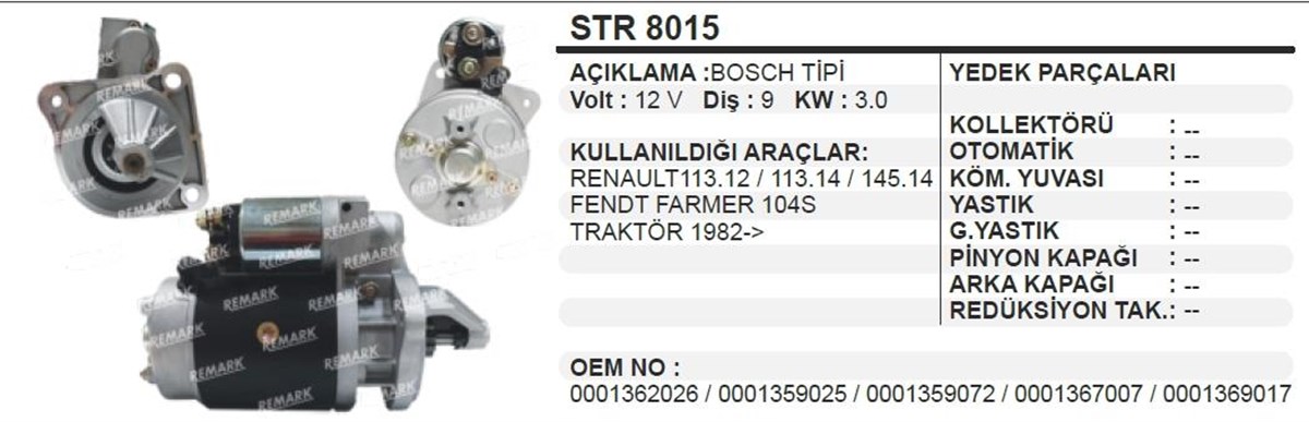 Marş Motoru 12v 9diş Reno Fendt Traktör Str8015 | Remark Str8015