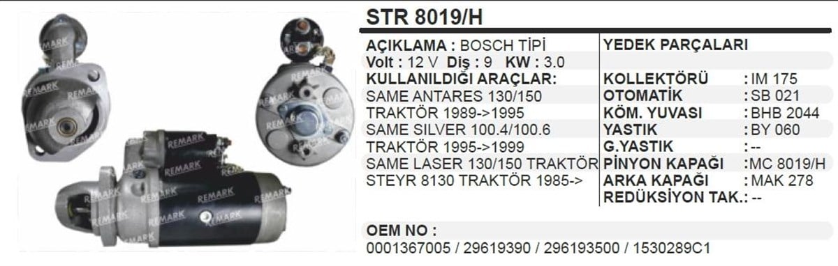Marş Motoru 12v 9diş Same Herkules Steyr Lamborghını Steyr Same Traktör | Remark Str8019h