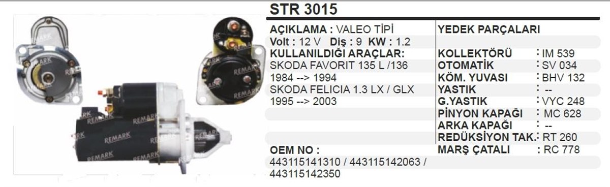 Marş Motoru 12v 9diş Skoda Favorit Felıcıa Valeotip Pinyon Kapağı-mc628 Aes-str4750 Str1205 Str3015 Str60401 | Remark Str3015