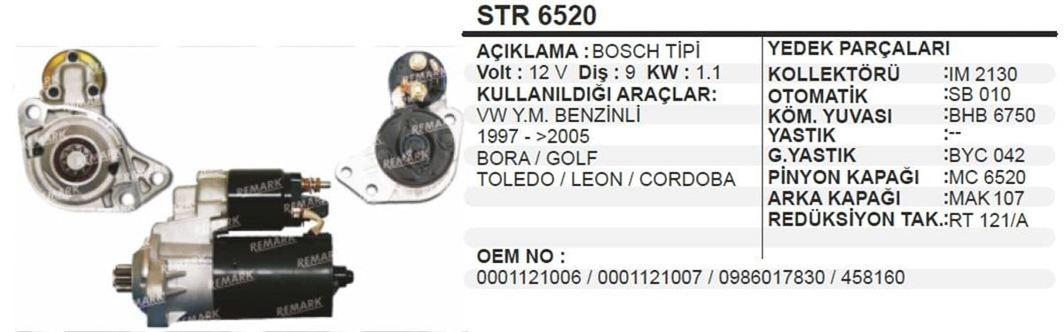 Marş Motoru 12v 9diş Skoda Ters Vw Caddy 9&11diş Oluyor Yerine | Aes Str6520