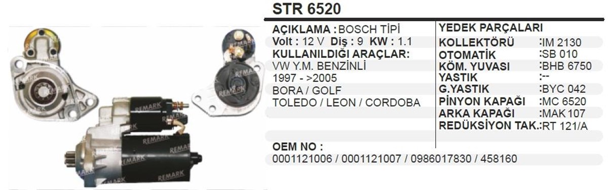 Marş Motoru 12v 9diş Skoda Ters Vw Caddy 9&11diş Oluyor Yerine | Aes Str6520