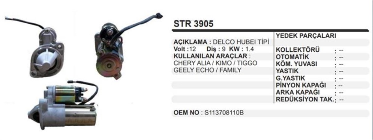 Marş Motoru 12v 9diş Suzuki Chery Tiggo Geely Chery A3 Kimo Tıggo Echo Family Chery Tıggo Geely Chery A3 | Aes Str3905