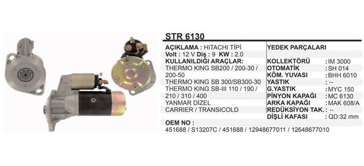 Marş Motoru 12v 9diş Thermoking Sb200 200-30 200-50 Sb 300 300-38 Sb-ıı 110 190 210 310 400 Yanmar Dizel Carrıer Str6130 110820 | Remark Str6130