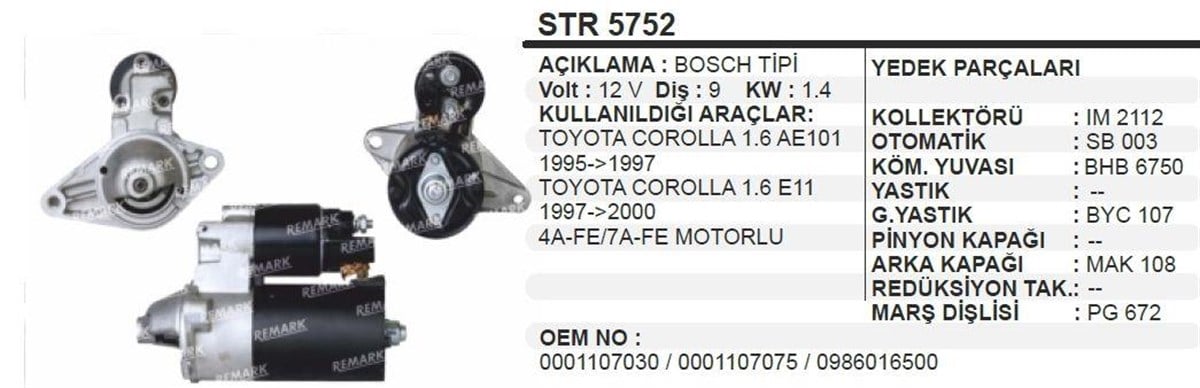 Marş Motoru 12v 9diş Toyota Corolla 93-97 1.6 Ae101 E11 1.4kw | Aes Str5752