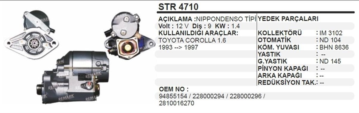 Marş Motoru 12v 9diş Toyota Corolla 93 Dentip | Wınwın Str4710