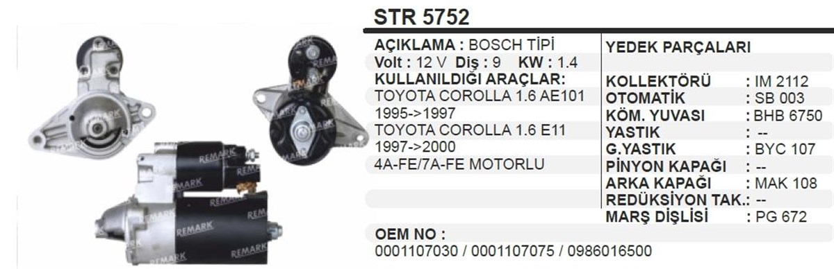 Marş Motoru 12v 9diş Toyota Corolla 93-97 1.6 Ae101 E11 1.4kw | Martek Str5752