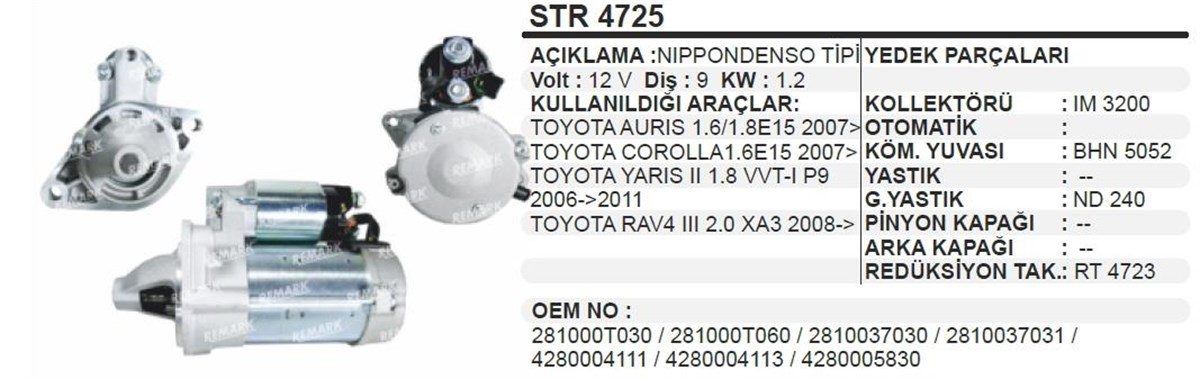 Marş Motoru 12v 9diş Toyota Corolla Aurıs Yarıs | Ith Str4725