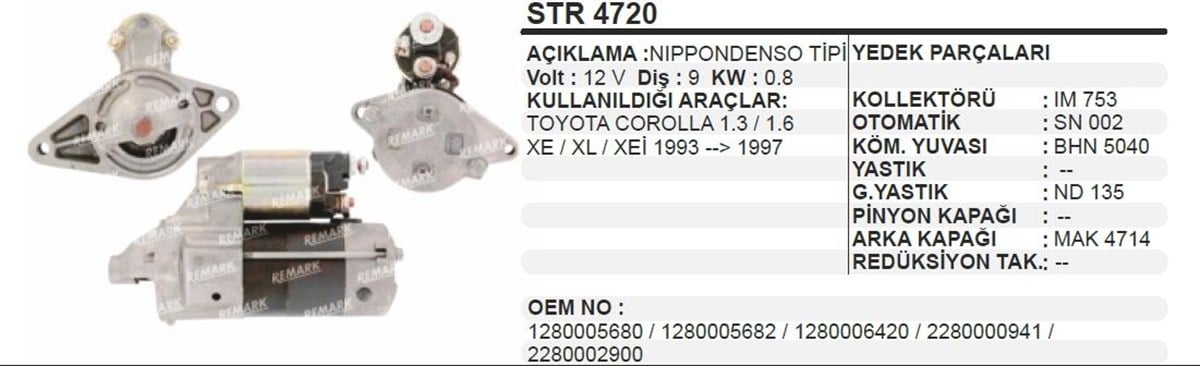 Marş Motoru 12v 9diş Toyota Corolla Daıhatsu | Remark Str4720