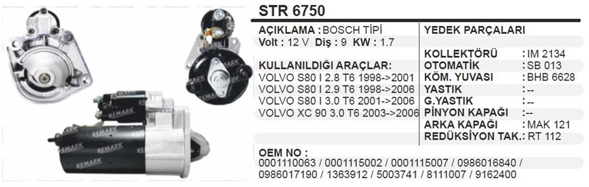 Marş Motoru 12v 9diş Volvo S80-xc90 2,8t6 1998-2006 | Ith Str6750