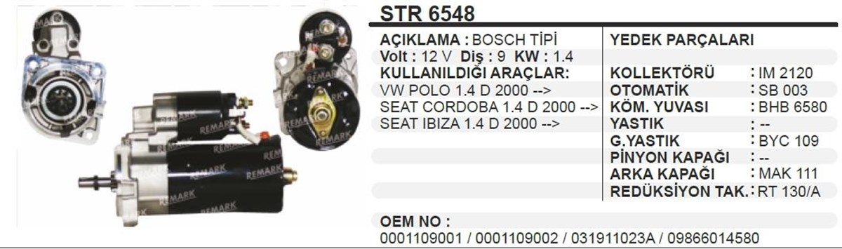 Marş Motoru 12v 9diş Vw Polo Ibıza Albea Str6548 | Ith Str6548