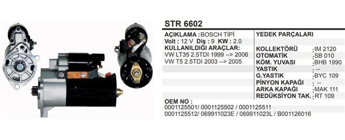 Marş Motoru 12v 9diş Vw Volkswagen Lt35 Transporter T5 Str6602 | Martek Str6602