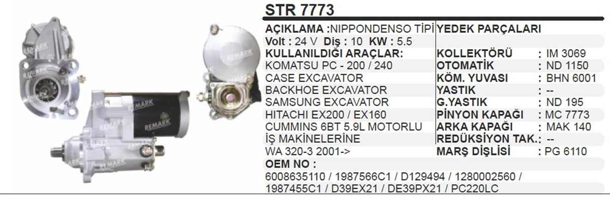 Marş Motoru 24v 10diş Cummins Komatsu Caterpillar Komatso Wa320 Pc200 Pc220 Cummins Excavatör Str7773 | Aes Str7773