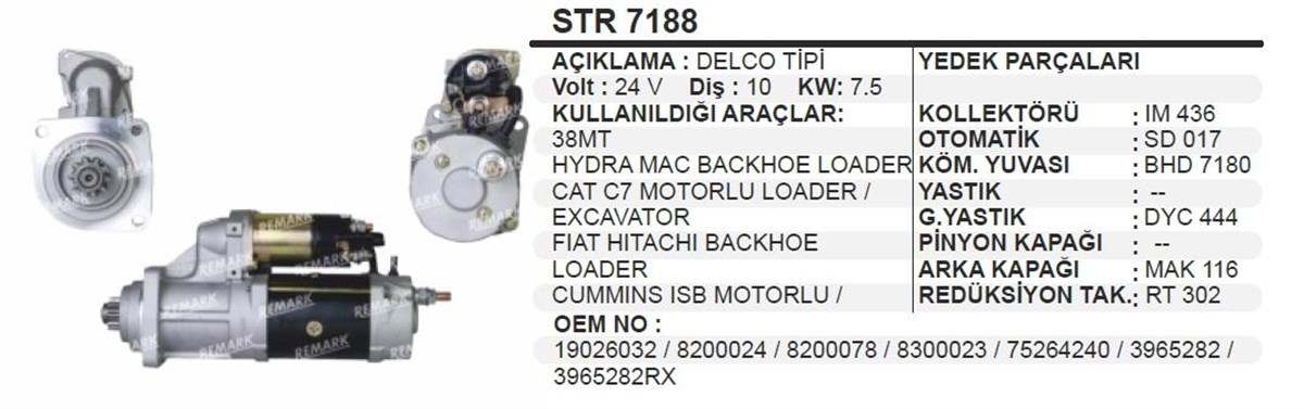 Marş Motoru 24v 10diş Hidromek Beko Loader 38mt Cummuns Cummıns Backhoa Loader | Remark Str7188