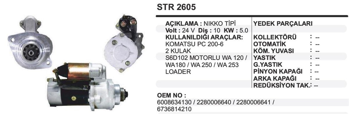 Marş Motoru 24v 10diş Komatsu Hyundai Pc200 Loader Pc200-6/wa 120/180/250 | Ith Str2605