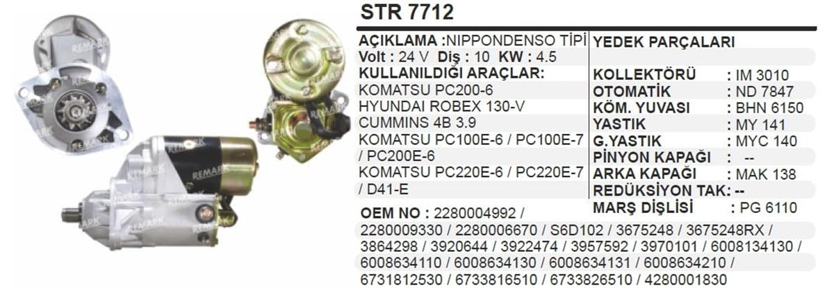 Marş Motoru 24v 10diş Komatsu Hyundai Cummins Komatsu Pinyon Açık 2 Kulak İş Makinası Hyundai Kamatsu Robet Komatsu Pc Str7712 | Martek Str7712