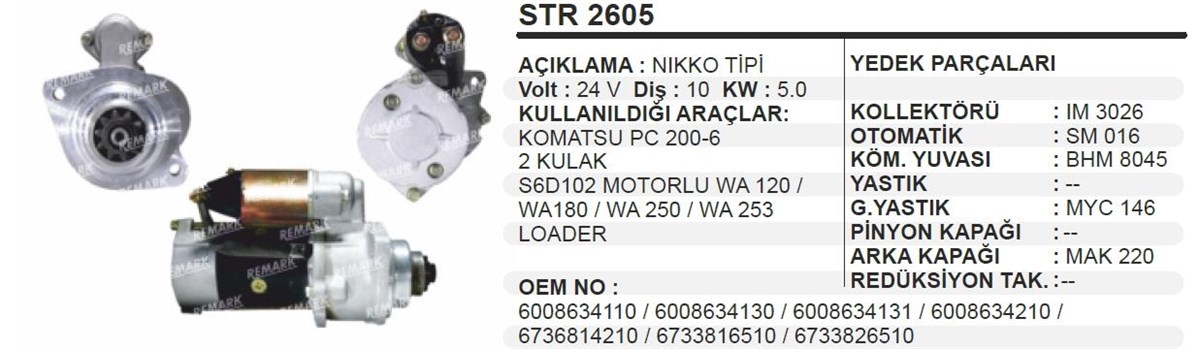 Marş Motoru 24v 10diş Komatsu Hyundai Pc200 Loader Pc200-6/wa 120/180/250 | Ith Str2605
