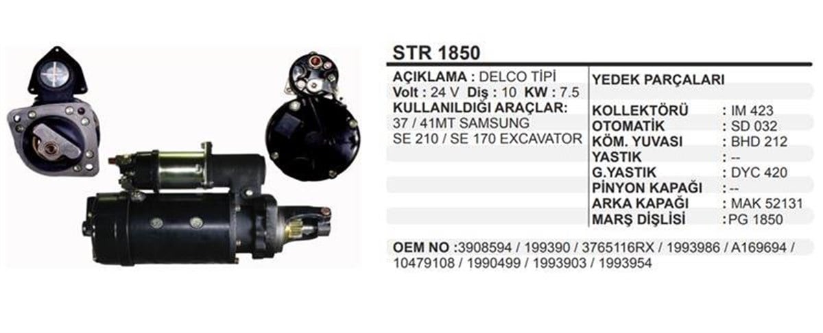 Marş Motoru 24v 10diş Komatsu İşmak 37mt 41mt Kobelko Cummins 37mt / 41mt Samsung, Se 210 / Se 170 Excavatör | Remark Str1850