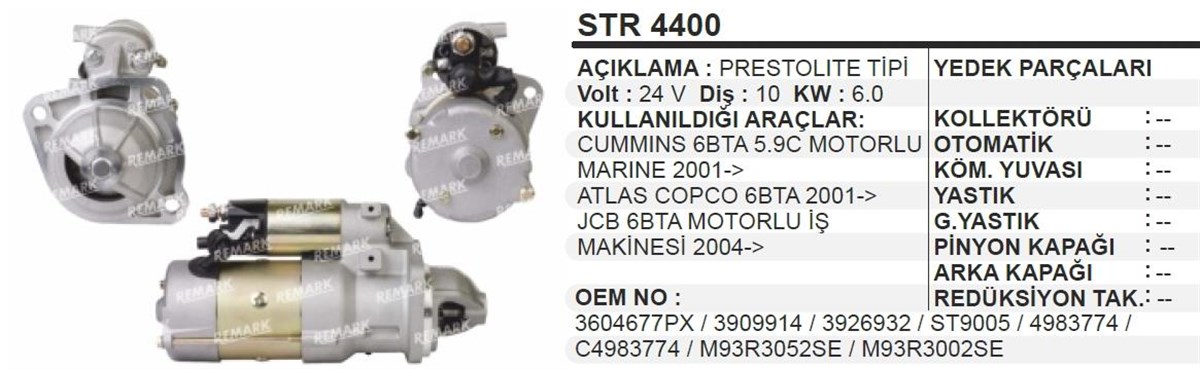Marş Motoru 24v 10diş Prestolit Cummins Marine Atlas Copco Jcb 6bta Motorlu İş Makinesi | Aes Str4400