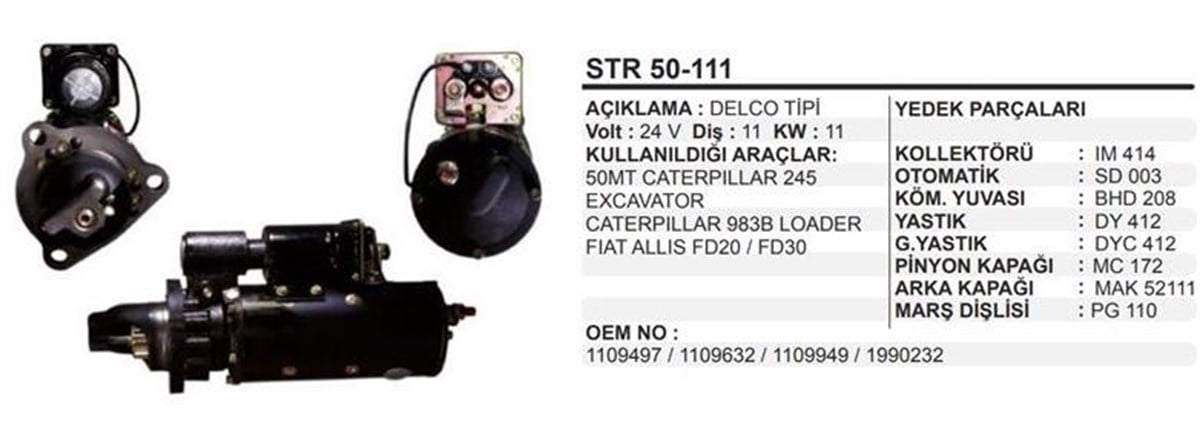 Marş Motoru 24v 11diş 50mt Kısa Catarpillar Loader Excavatör Str4930 Cummins 10479323 | Remark Str50111