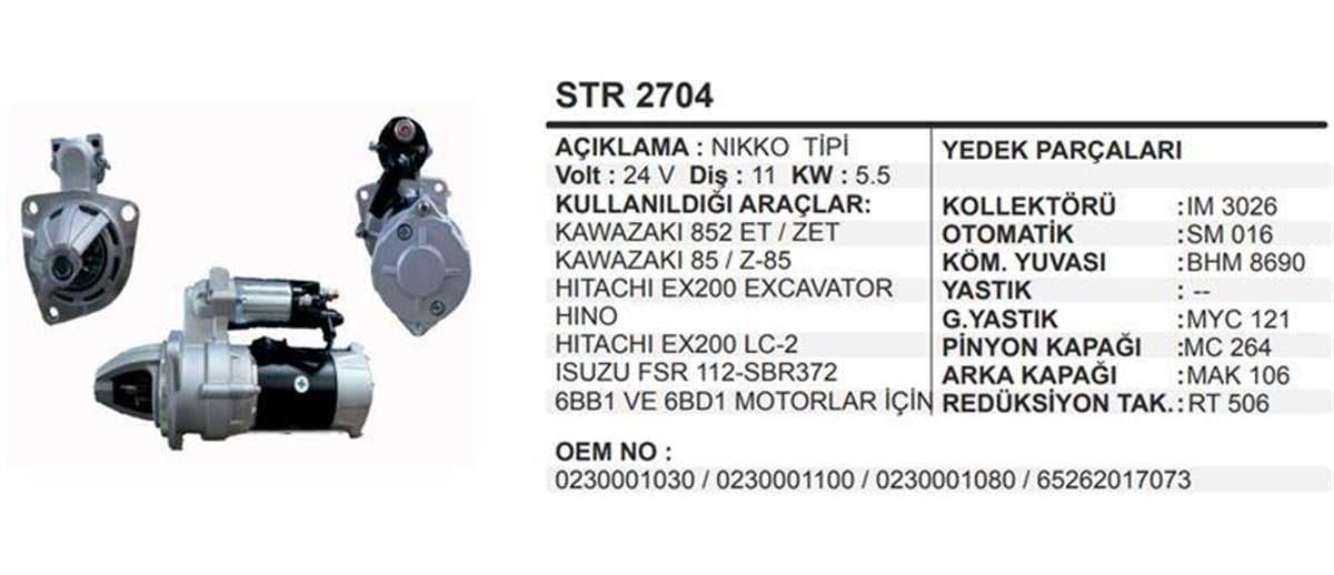 Marş Motoru 24v 11diş Hino Kawazaki 852 38mt Daewoo Dx140 Solar 225lcv 420 Excavatör Kawazaki 852 Hino Isuzu Hıtachı Hino Isuzu | Remark Str2704