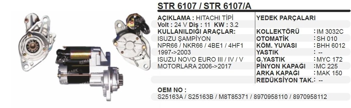 Marş Motoru 24v 11diş Isuzu Şampıyon Str6107 Str6112 | Aes Str6107