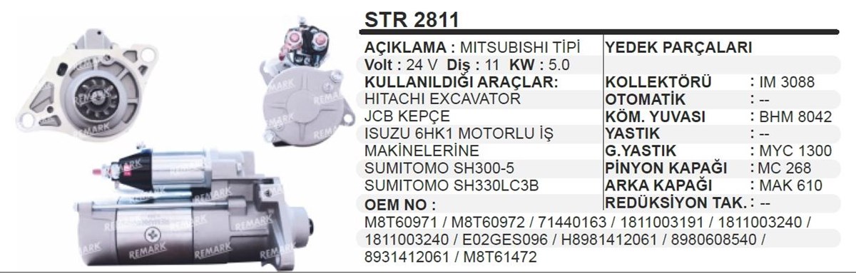 Marş Motoru 24v 11diş Jcb Isuzu İş Mak Hıtachı Excavatör Jcb Kepçe Isuzu 6hk1 İş Makinası 2811ı Suzu Jeneratör Excavatör Isuzu | Dodo Str2811