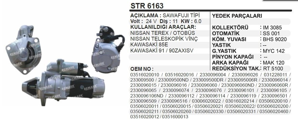 Marş Motoru 24v 11diş Nissan Terex Teleskopik Kavasaki Kepçe Vinç Str6163 | Bypart Umm3215