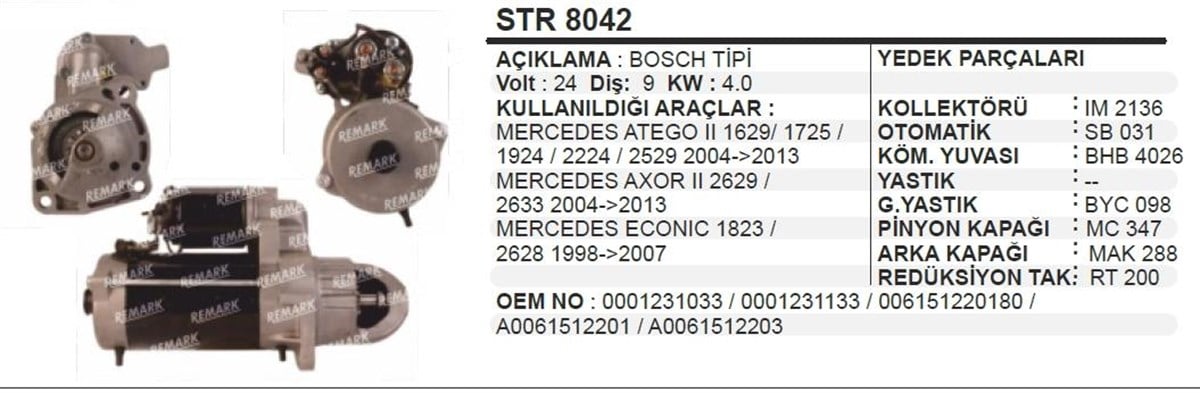 Marş Motoru 24v 9diş 4.0 Bosch Tip Mercedes Ategoı-ıı Axor Iı Atego Iı Axor Iı Econik | Wınwın Str8042