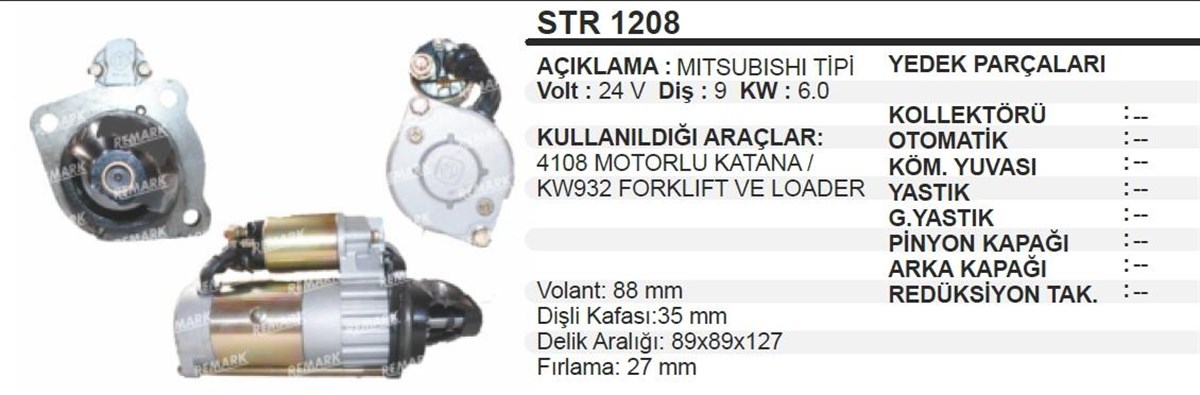 Marş Motoru 24v 9diş Katana Loader Jenaratör Forklift | Aes Str1208