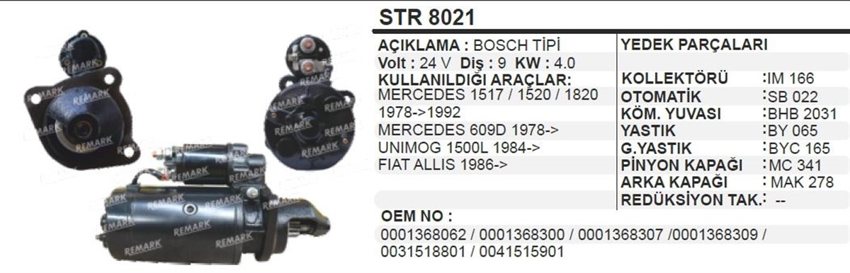 Marş Motoru 24v 9diş Mercedes 2521 Kamyon 1984-1998 Unimog Str8021 Cargo 110524 18371 Str18371n | Schenna Str8021