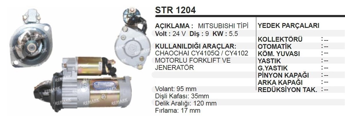 Marş Motoru 24v 9diş Mıtsubıshı Chaochaı Forklift Jenaratör Str1204 | Remark Str1204