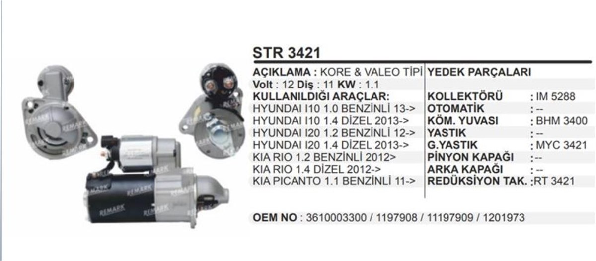 Marş Motoru 12v 11dıs Valeo Tip Hyundai İ10 İ20 Kia Rio | Ith Str3421