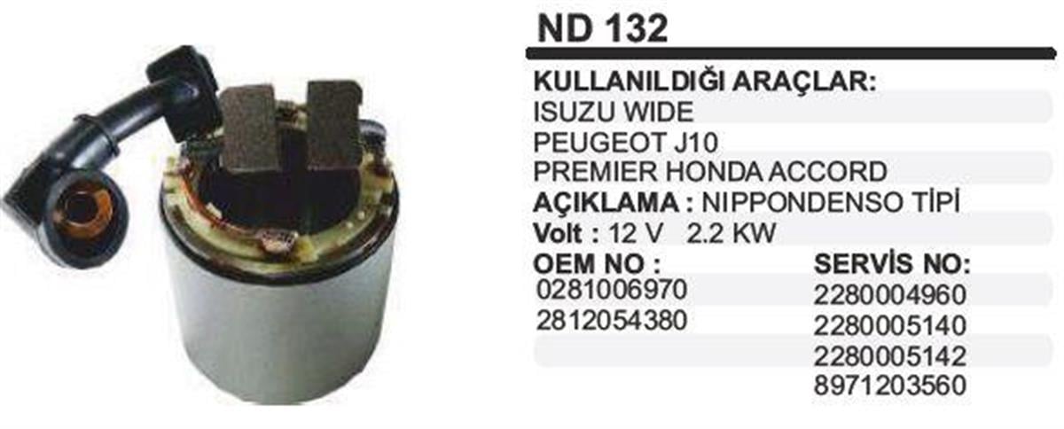 Marş Yastığı 12v Isuzu Premier Honda J10 Premier Mazda 2 Kw, Ford Ranger Pıck Up, Land Rover Defender, Mazda B2500 Isuzu Nkr P | Martek Nd132