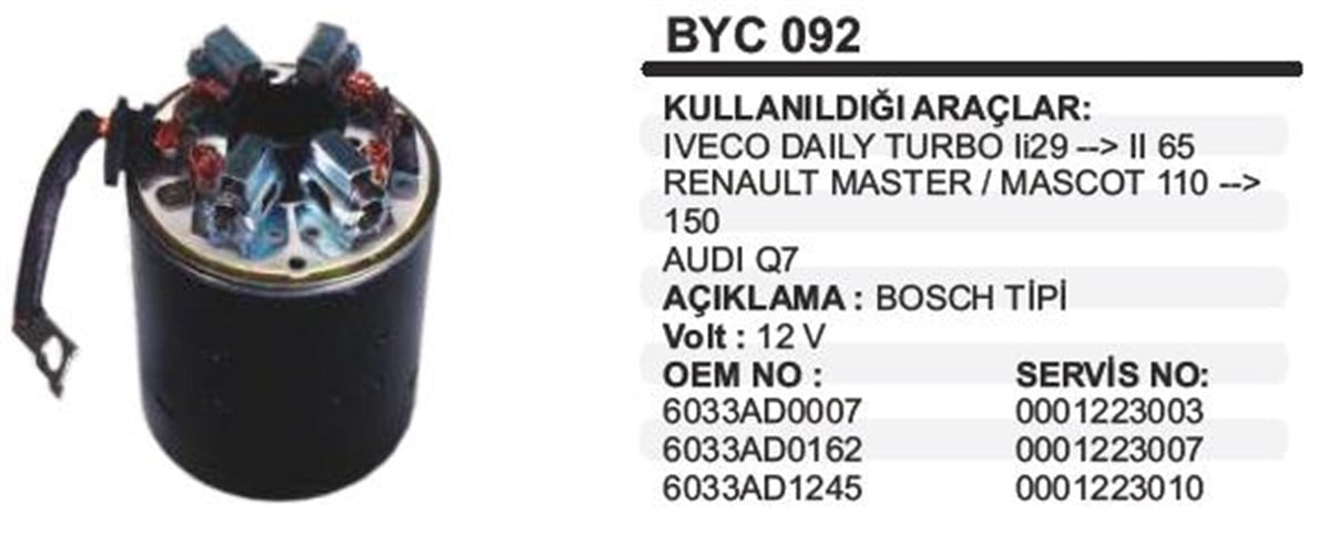 Marş Yastığı 12v İveco Daily 86x96 Byc092 Fıat Ducato Renault Master Mascot J10 Iveco Tekne Marin Bosch Tipi Boy-96mm Çap-86mm | Schenna Byc092
