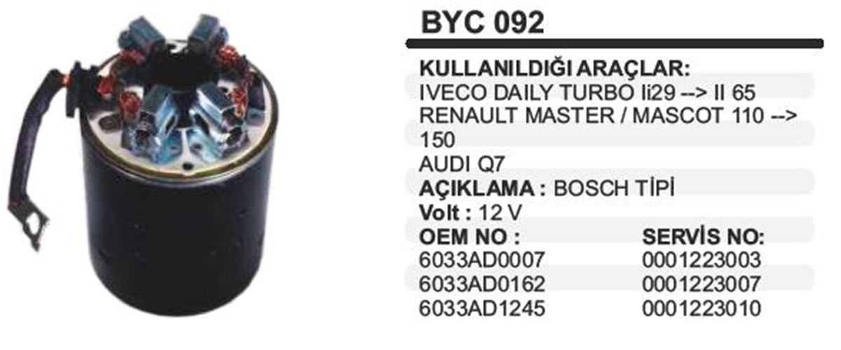 Marş Yastığı 12v İveco Daily 86x96 Byc092 Fıat Ducato Renault Master Mascot J10 Iveco Tekne Marin Bosch Tipi Boy-96mm Çap-86mm | Schenna Byc092