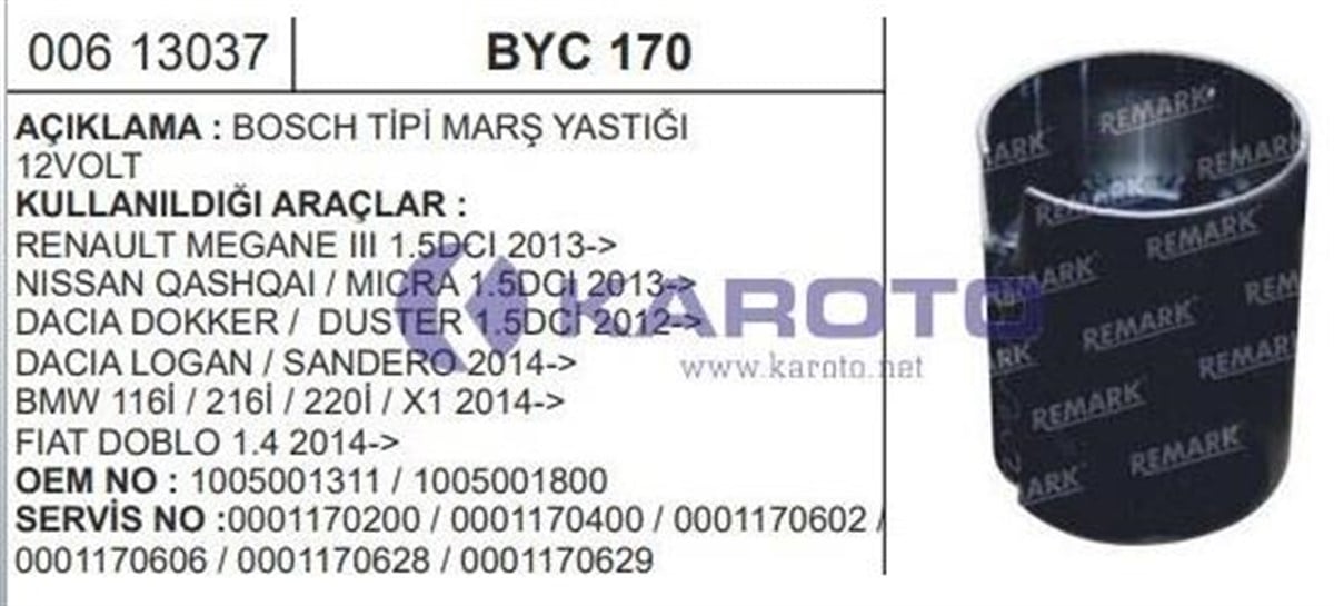 Marş Yastığı 12v Minicuper Renault Megane Nıssan Qashqaı Mıcra Docker Sandero Doblo Bmw | Ith Mybyc170