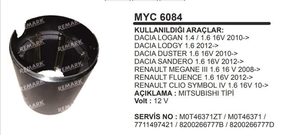 Marş Yastığı Gövdeli 12v Megane 3 Clıo Fluance Logan Sandero Lodgy | Martek Myc6084