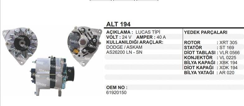 Alternatör 24v 40ah Dodge Hino Motorlu Chrys As 26 200 Ym A-127/24v-40a As950 Dodge 61920020 A127 | Martek Alt194