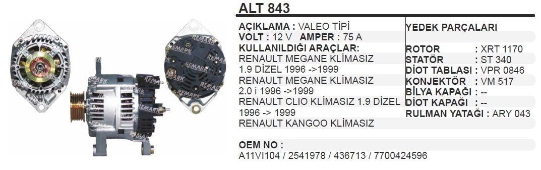 Alternatör 12v 105ah Renault Negan Clio Kango Klimasız Fiat Ducato Scudo Alt843 | Martek Alt843