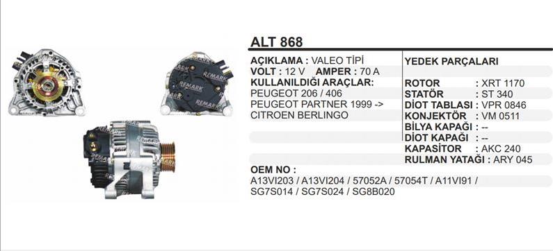 Alternatör 12v 80ah Cıtroen Berlingo Peugeot 206 406 Partner Saxo Peug 206-306 Başlıklı Alt868 | Martek Alt868