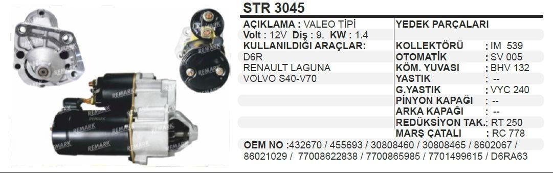 Marş Motoru 12v 9diş Renault Laguna Volvo S40 V70 (d6ra63)(str3045)1.4kw | Martek Str3045