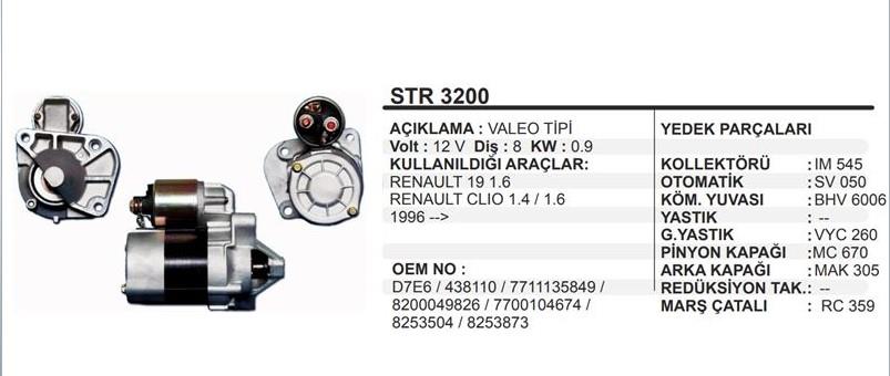 Marş Motoru 12v 8diş Renault R19 Clio 1.4 1.6 Benzinli | Martek Str3200