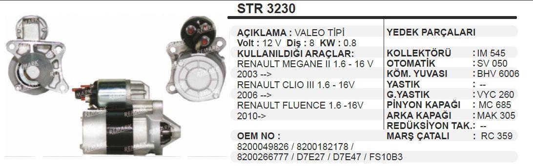 Marş Motoru 12v 8diş Renault Clio3 Megan2 06 Fluance Str3230 | Martek Str32566n