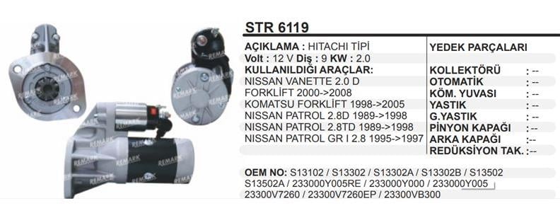 Marş Motoru 12v 9diş Komatsu Nissan Patrol Vanette Forklift Dachıa Jeneratör Jenaratör Komatsu Forklift Nissan Patrol 2.8d | Martek Str6119